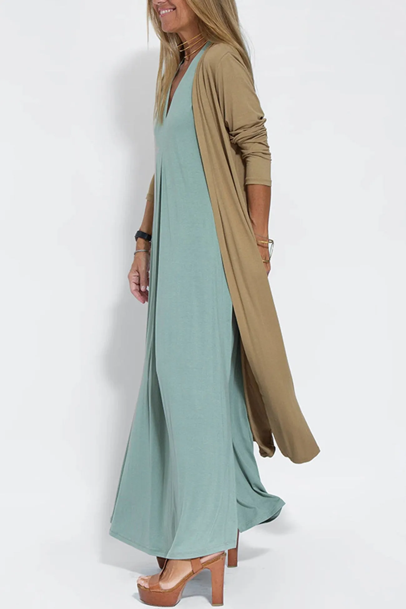 V Neck Tank Dress Long Cardigan Suits