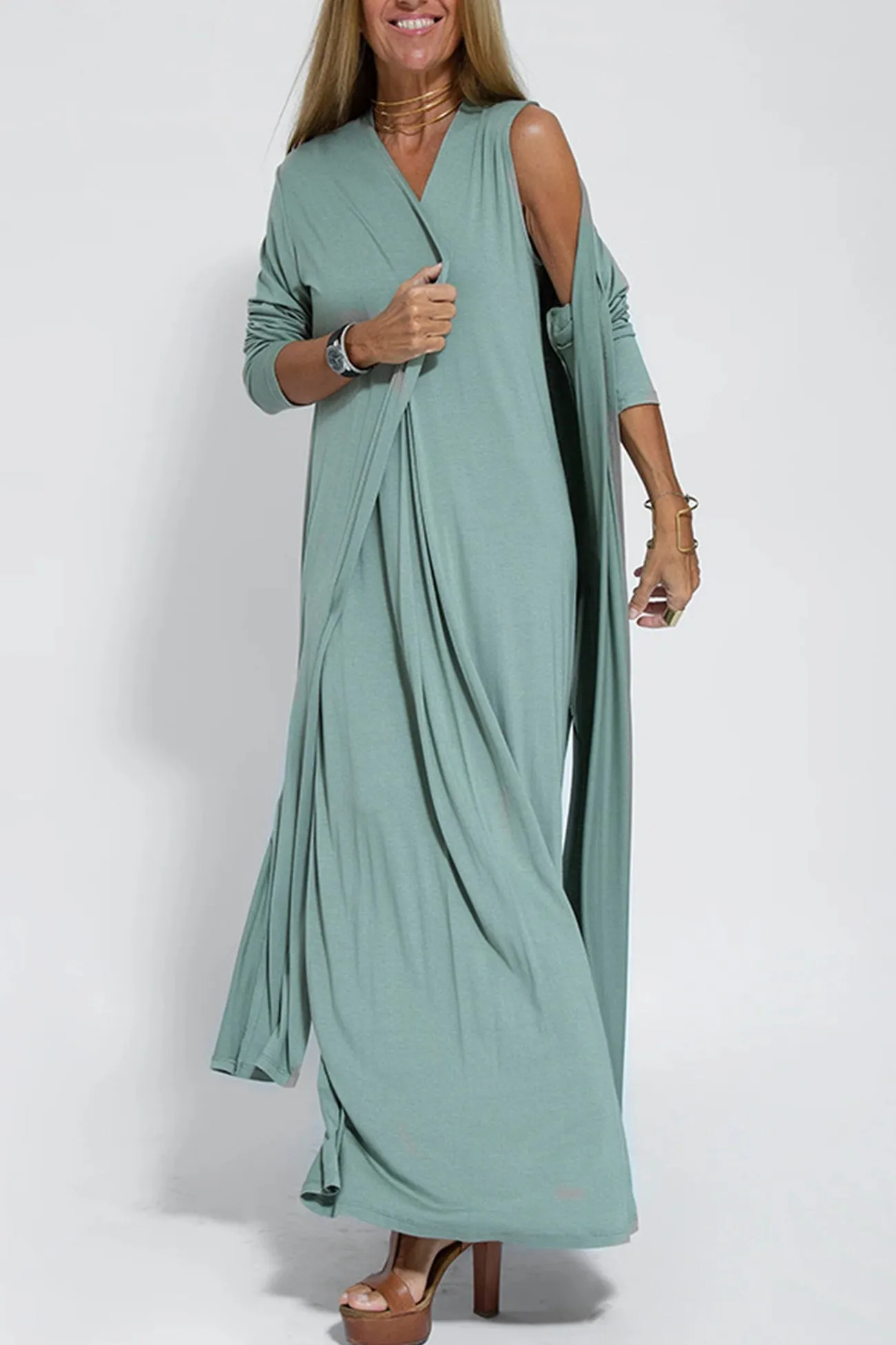 V Neck Tank Dress Long Cardigan Suits