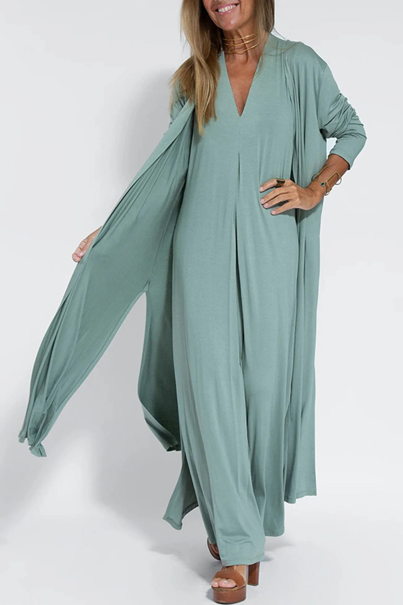 V Neck Tank Dress Long Cardigan Suits