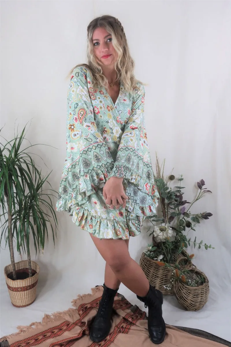 Venus Mini Wrap Dress in Porcelain Green Floral