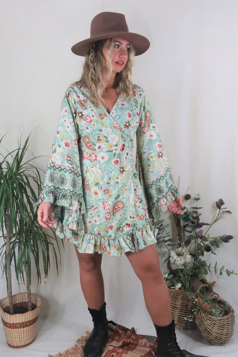 Venus Mini Wrap Dress in Porcelain Green Floral