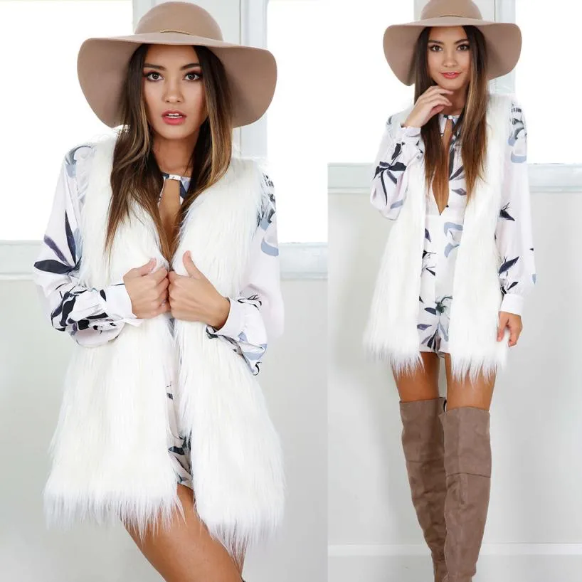 VenusFox Warm Sleeveless White Vest Faux Fur Jacket