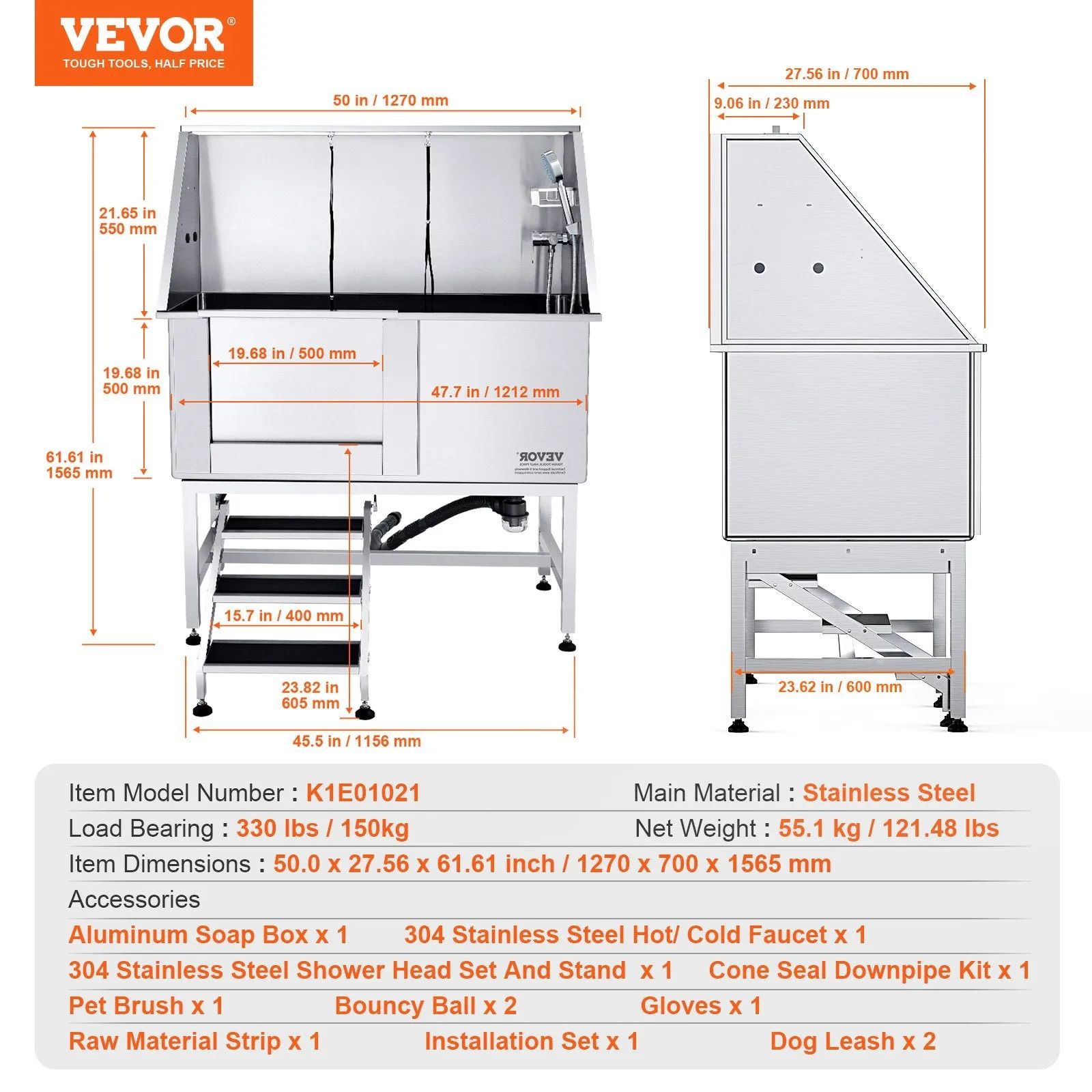 Vevor 50" Dog Grooming Tub Stainless Steel 330 Lbs. Capacity with Left Door and Stairs New