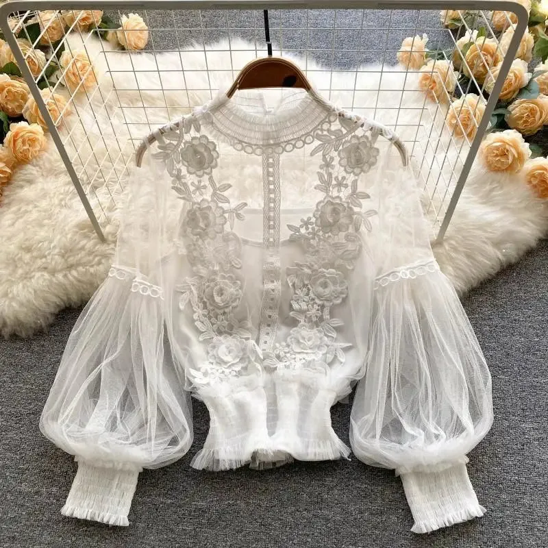 Vintage Flower Lace Lantern Sleeve Blouse