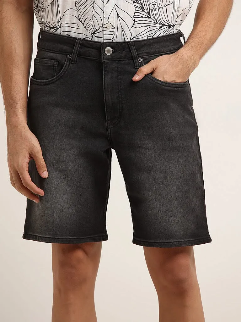 WES Casuals Charcoal Faded Cotton Relaxed-Fit Shorts