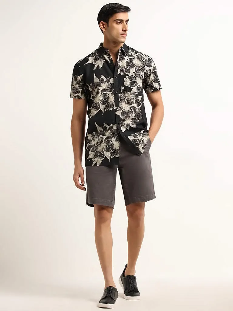 WES Casuals Charcoal Mid Rise Cotton Blend Relaxed Fit Shorts