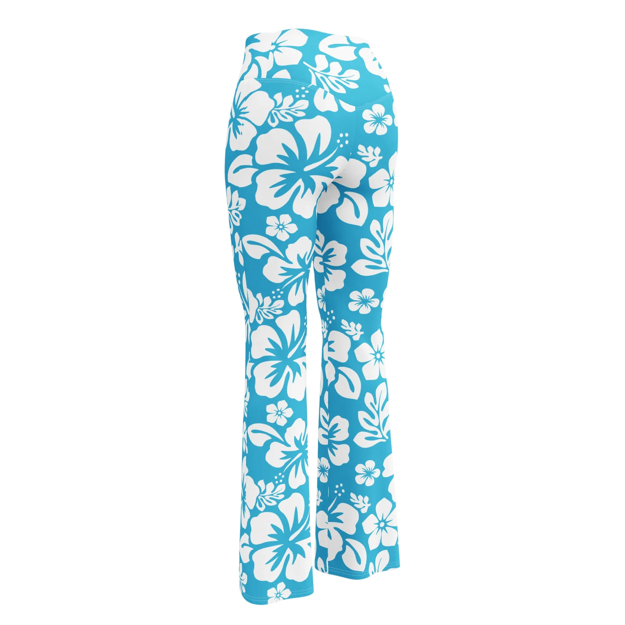 White and Aqua Blue Hawaiian Flowers Flare Leggings