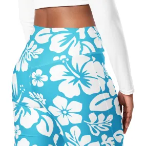 White and Aqua Blue Hawaiian Flowers Flare Leggings