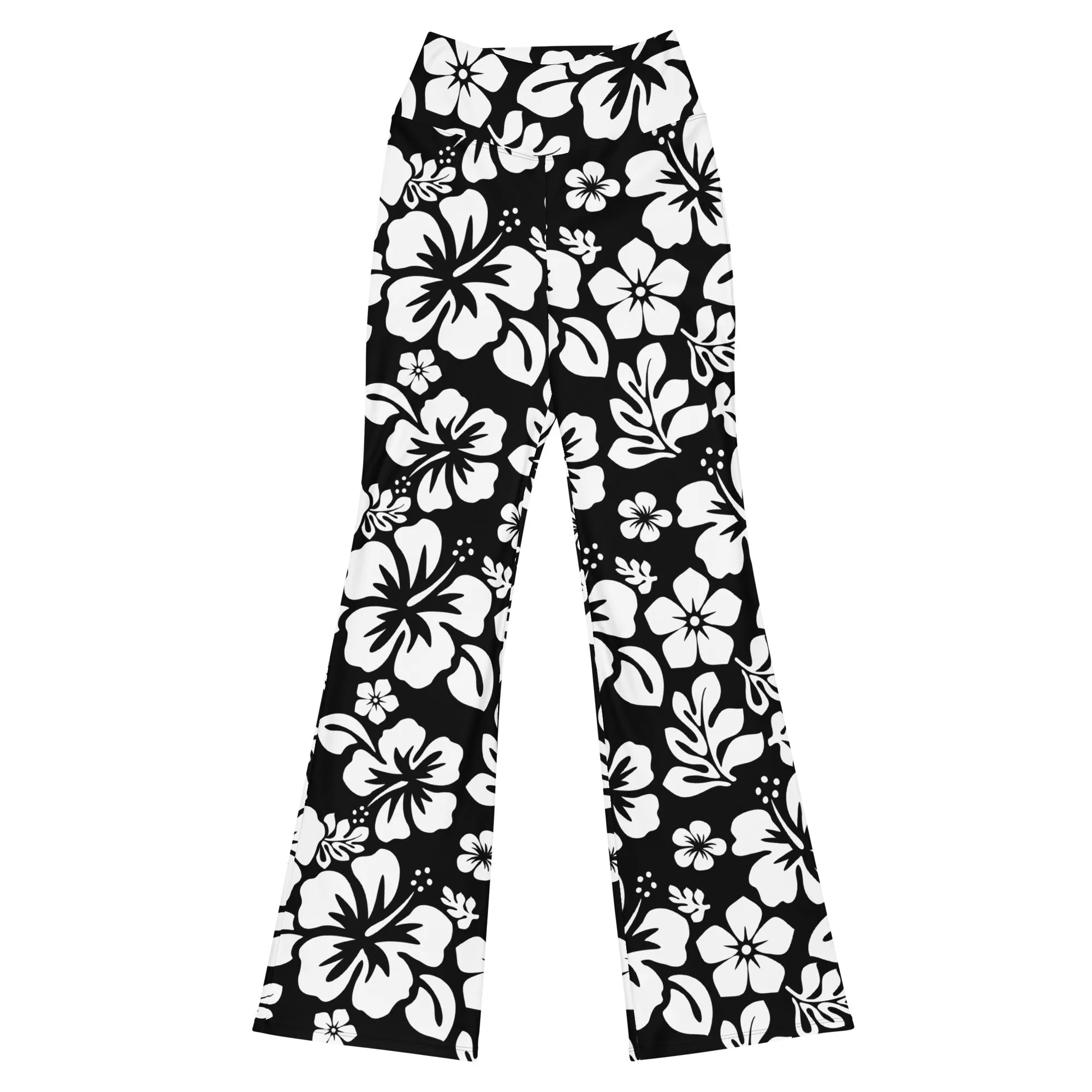 White and Black Hawaiian Flowers Flare Leggings