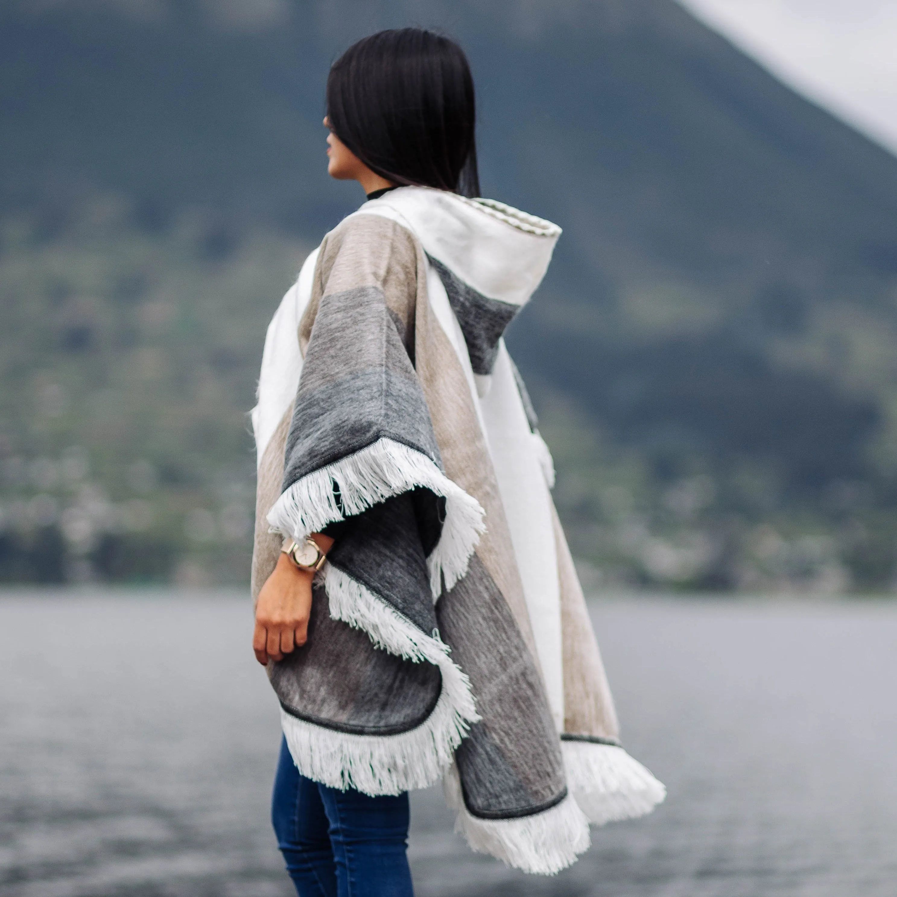 White - Beige Alpaca Poncho With Hood