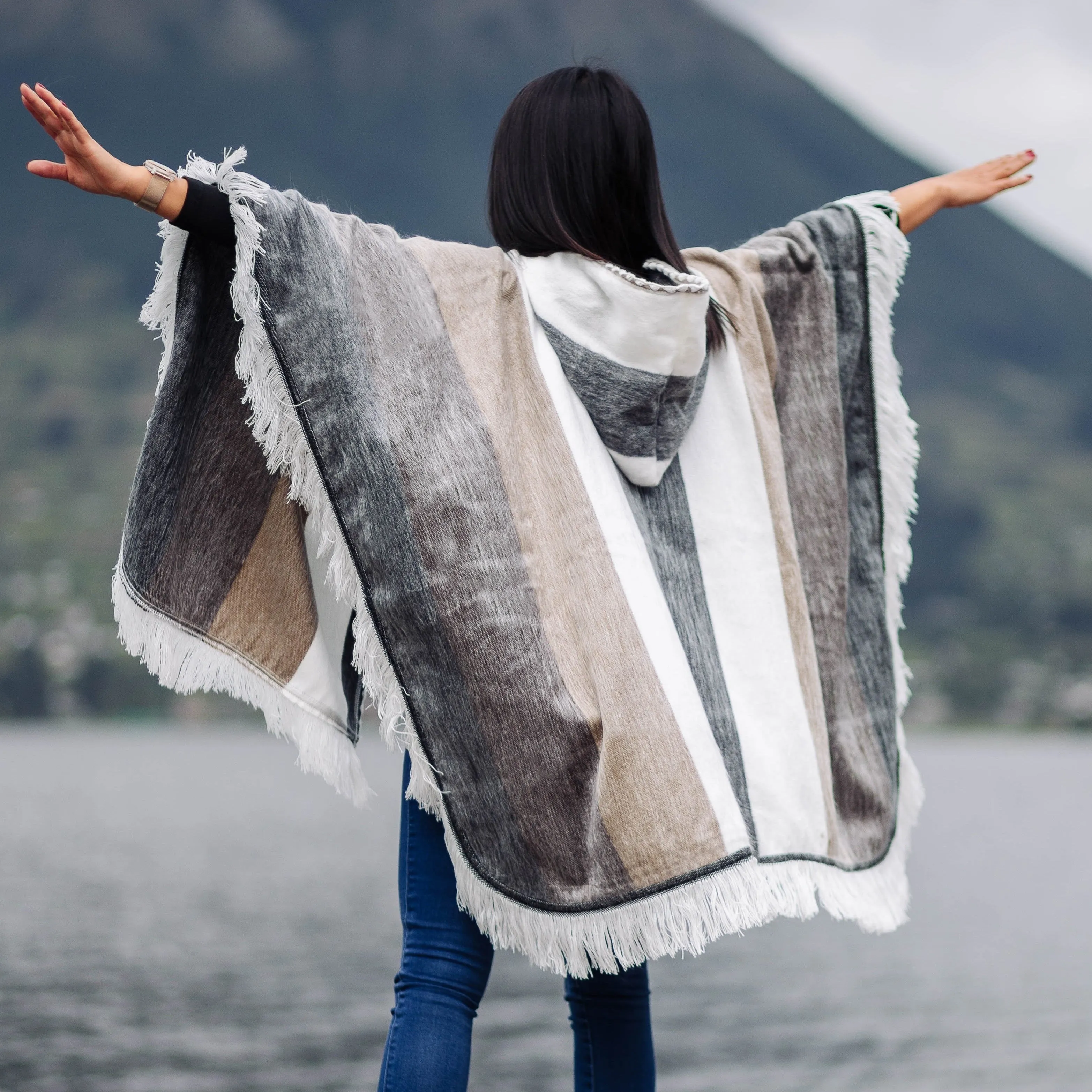 White - Beige Alpaca Poncho With Hood