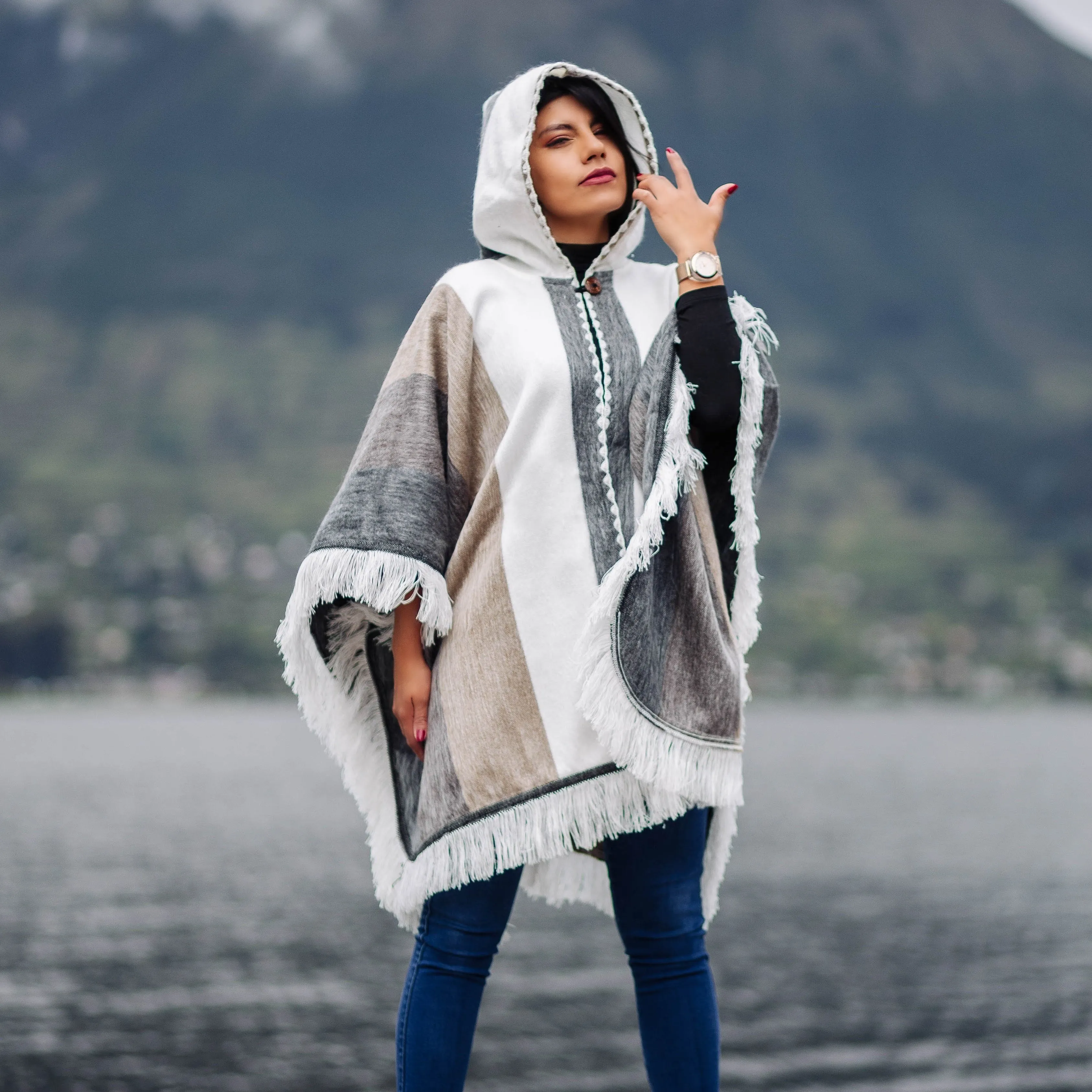 White - Beige Alpaca Poncho With Hood