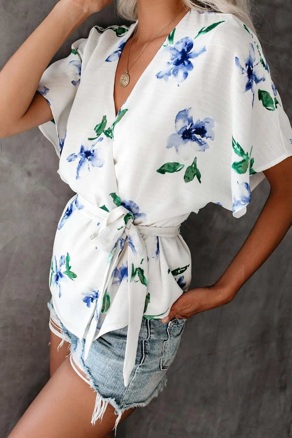 White Mosaic Printed Wrap Short Sleeve Tunic Top