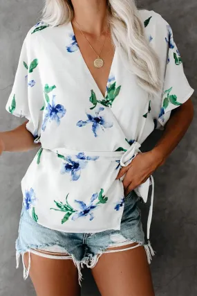 White Mosaic Printed Wrap Short Sleeve Tunic Top