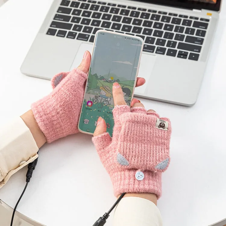 Winter Office USB Heating Warm Half Finger with Cover Gloves Heated Pad, Size: Free Size(Pink)