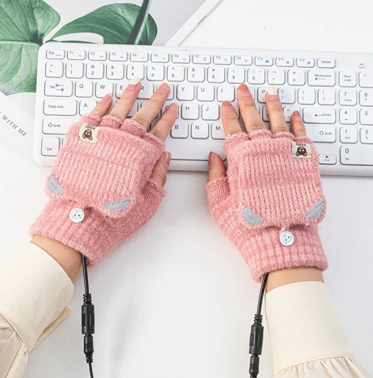 Winter Office USB Heating Warm Half Finger with Cover Gloves Heated Pad, Size: Free Size(Pink)