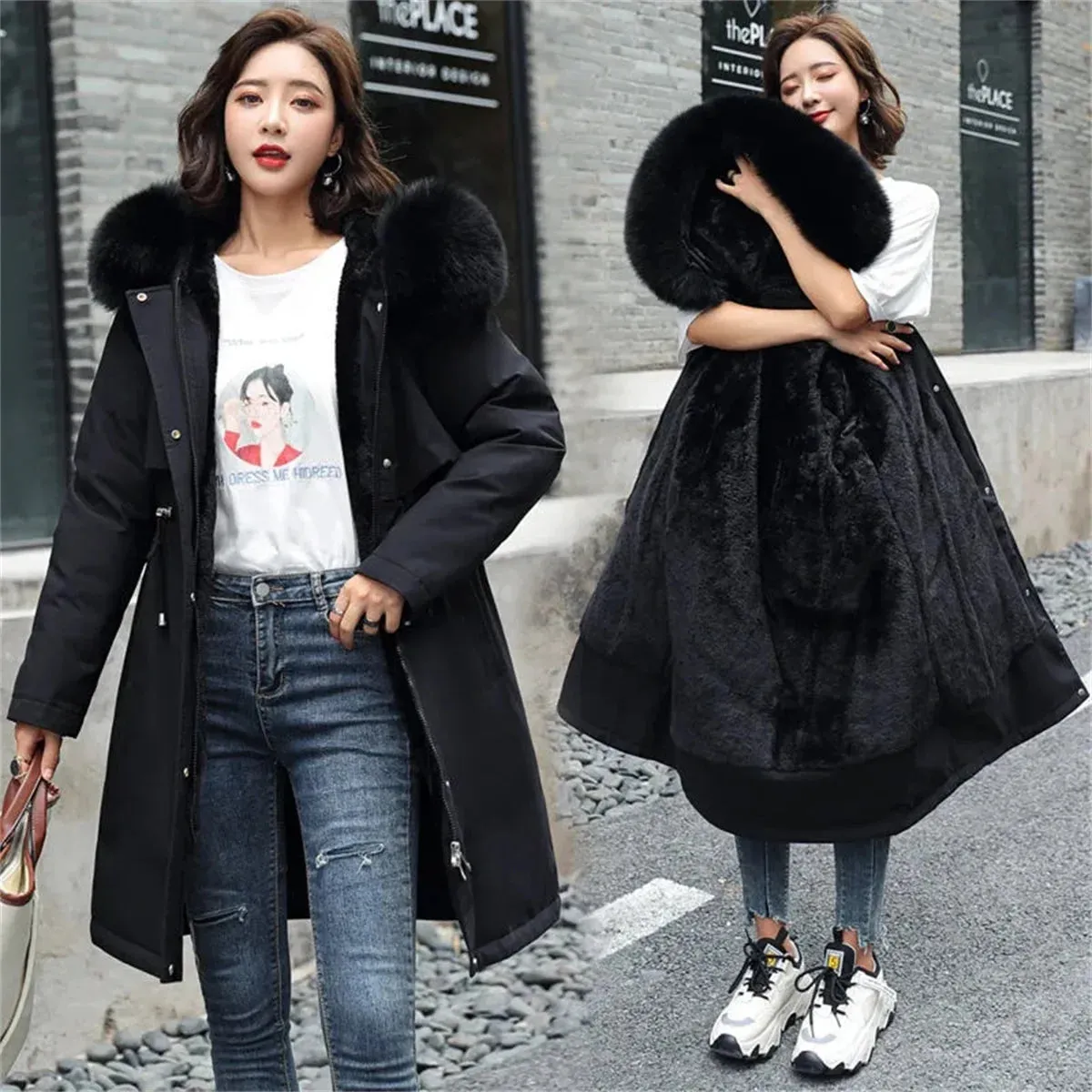 Winter Parka Jacket For Women 2024 New Long Sleeve Clothes Fashion Hooded Fur Collar Coat Thick Warm Casual Medium Length Coats