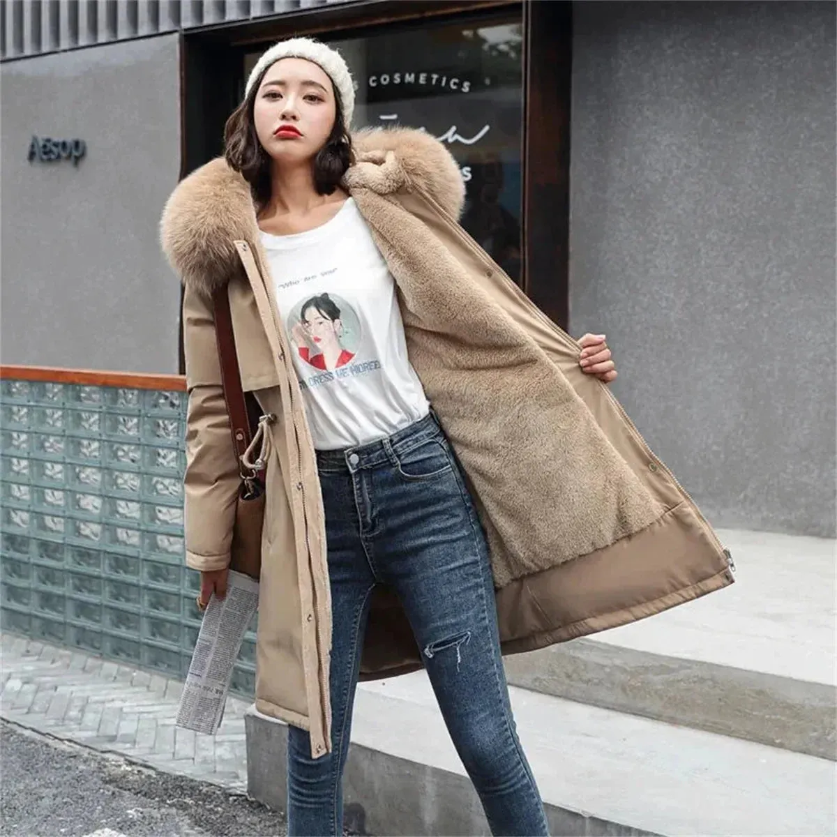 Winter Parka Jacket For Women 2024 New Long Sleeve Clothes Fashion Hooded Fur Collar Coat Thick Warm Casual Medium Length Coats