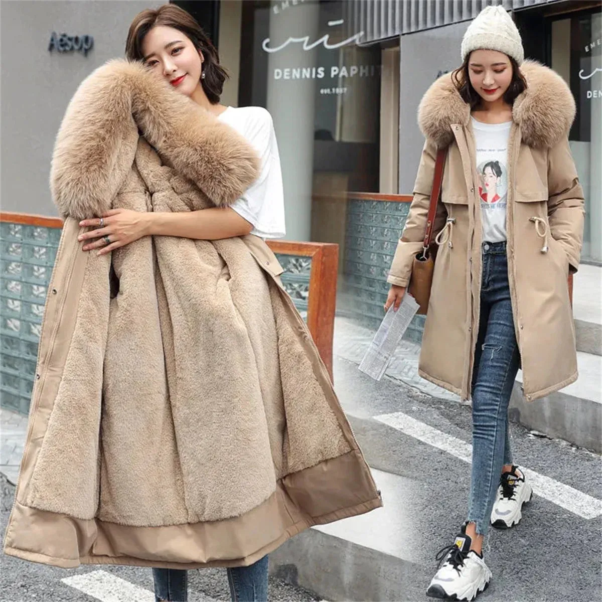 Winter Parka Jacket For Women 2024 New Long Sleeve Clothes Fashion Hooded Fur Collar Coat Thick Warm Casual Medium Length Coats