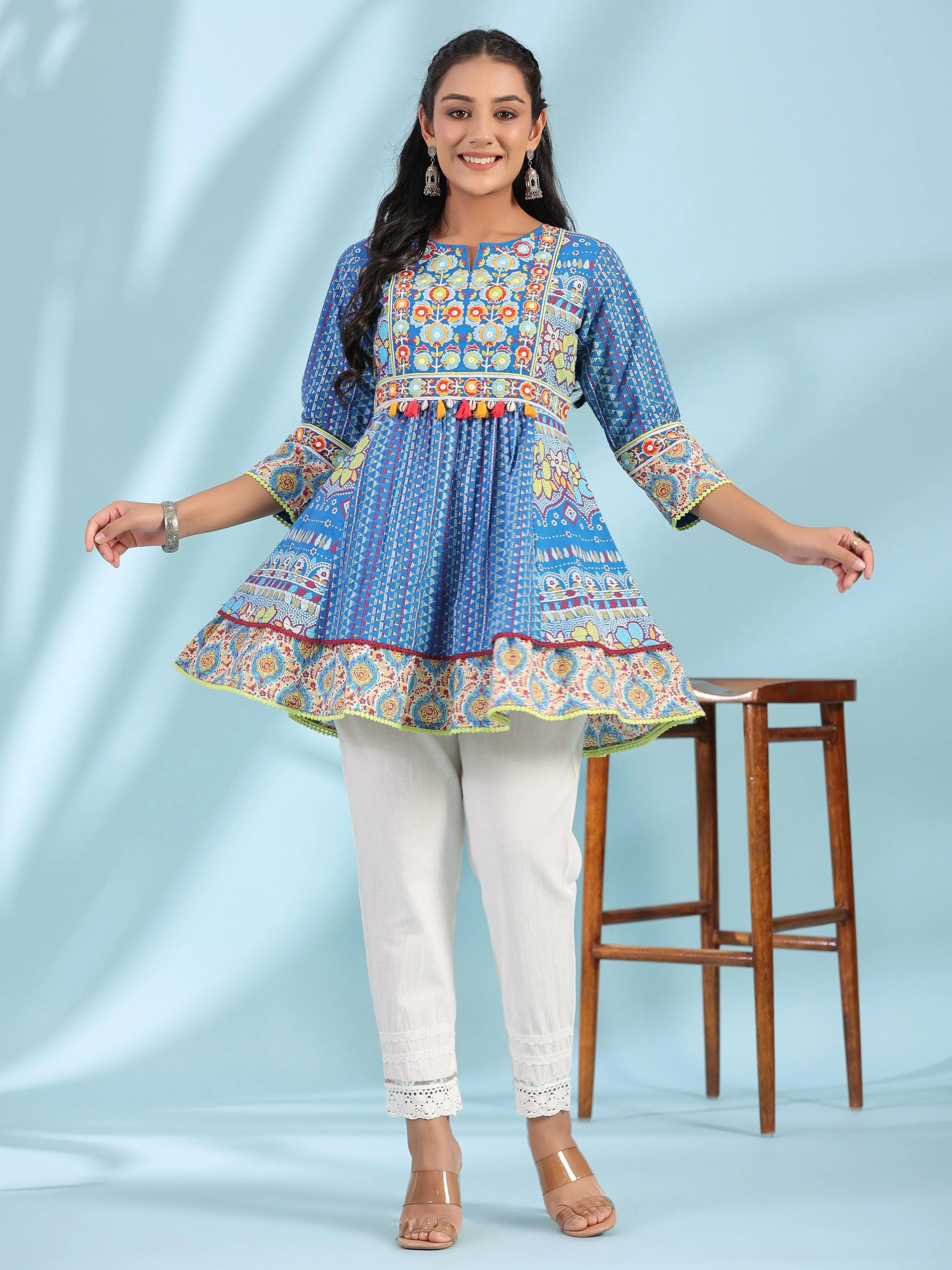 Women Blue Cotton Cambric  Tunic