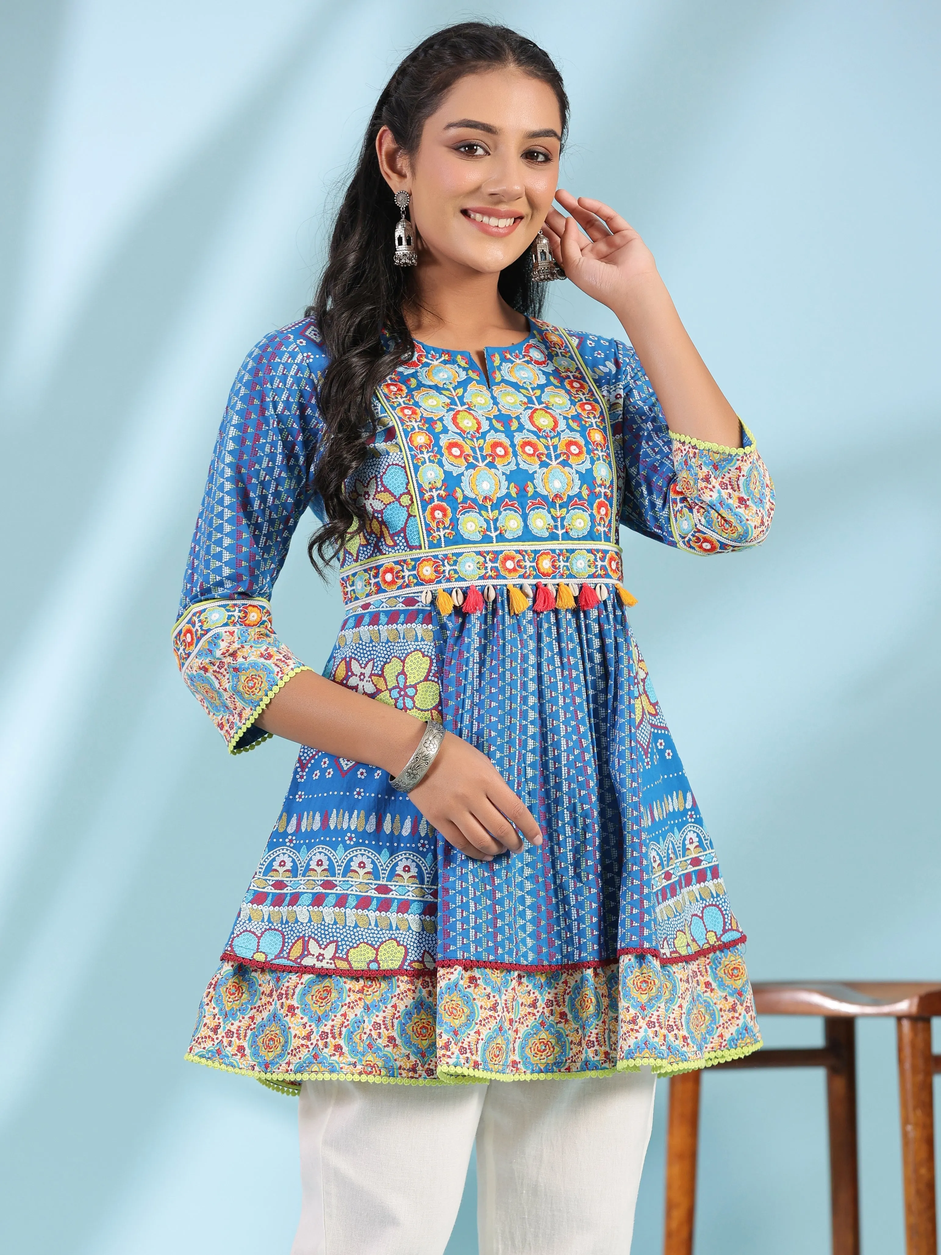 Women Blue Cotton Cambric  Tunic