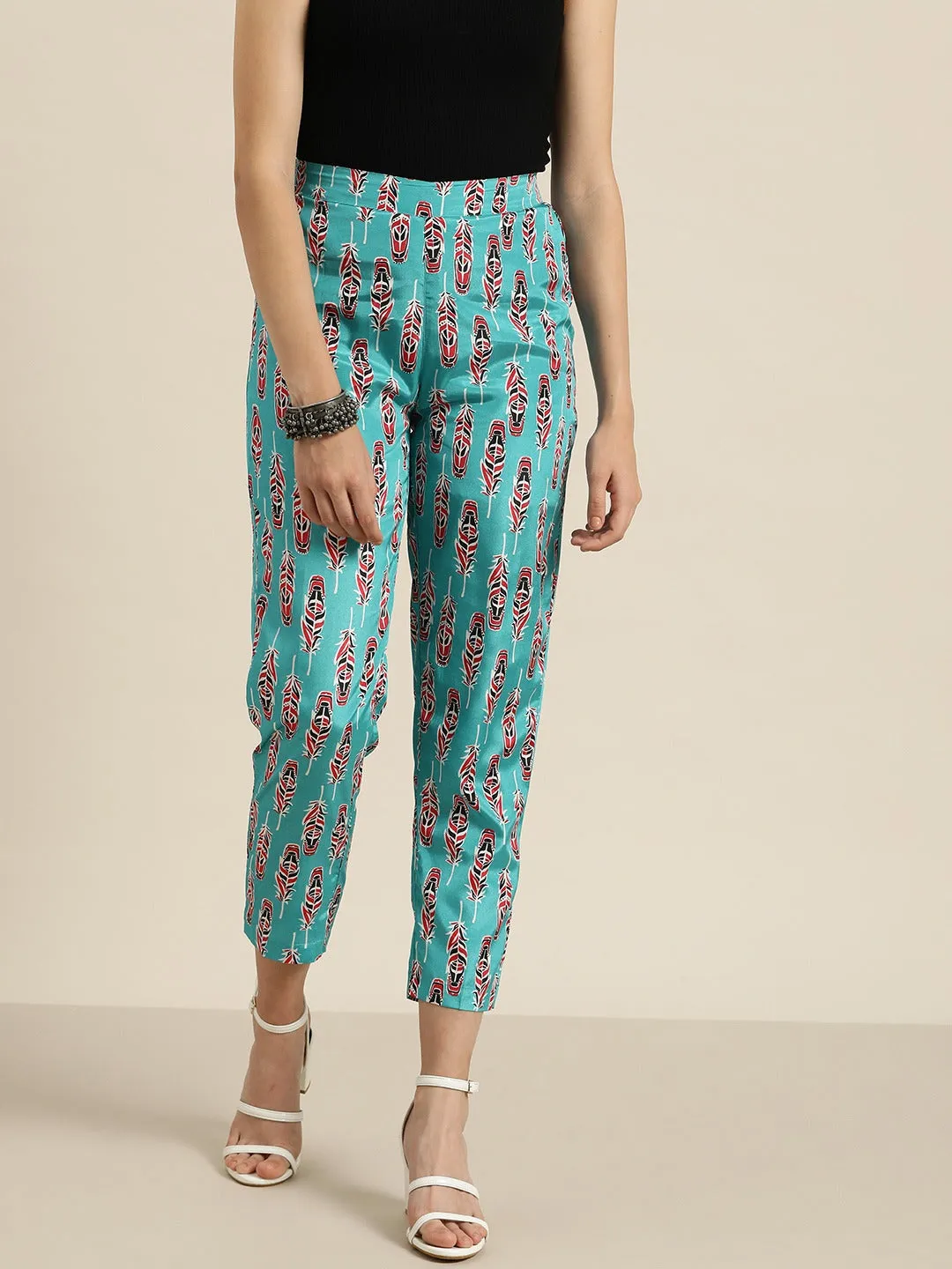 Women Blue Feather Print Pencil Pants