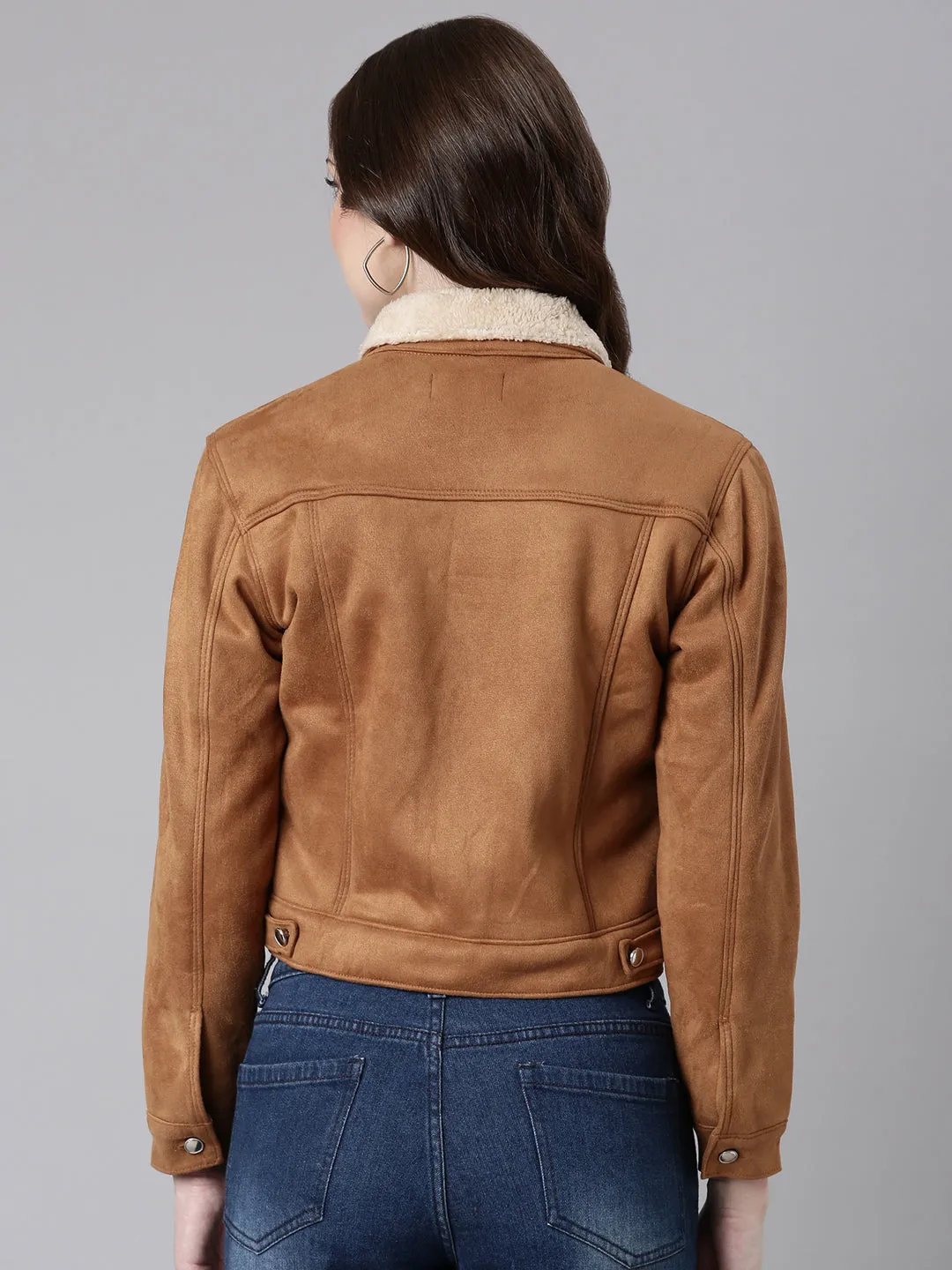 Women Camel Brown Solid Tailored Jacket