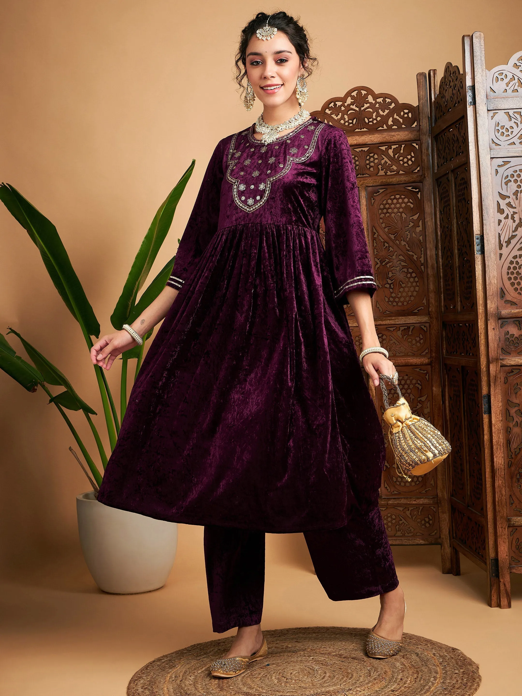 Women Purple Velvet Embroidered Gathered Kurta With Pants