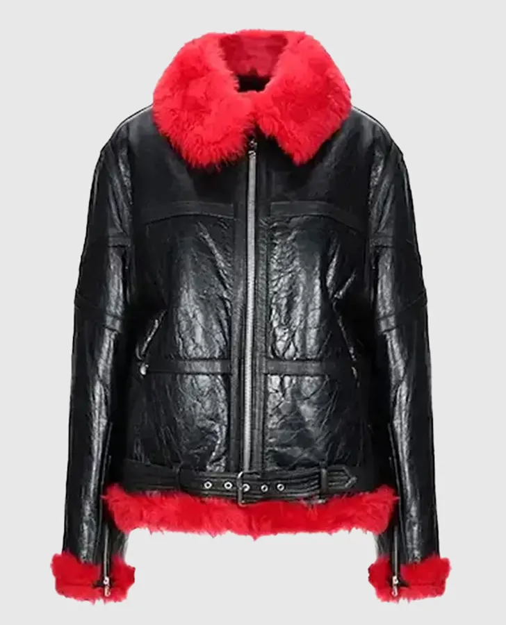 Women Red Faux Fur Aviator Jacket