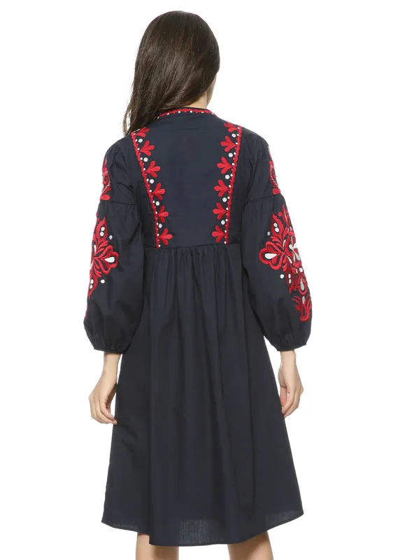 Women Vintage Floral Embroidery Dress Drawstring Tie Tassels Long Sleeve