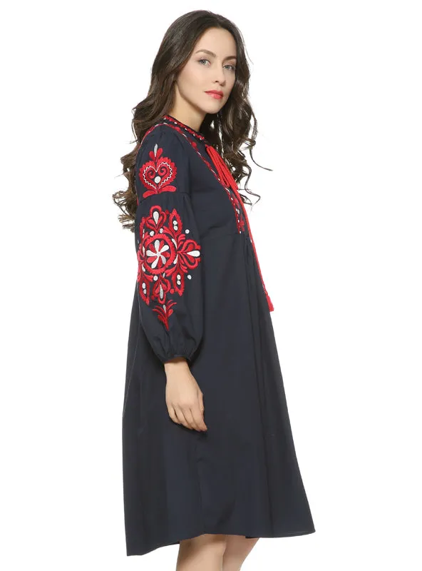 Women Vintage Floral Embroidery Dress Drawstring Tie Tassels Long Sleeve