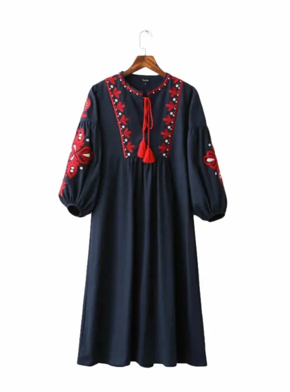 Women Vintage Floral Embroidery Dress Drawstring Tie Tassels Long Sleeve