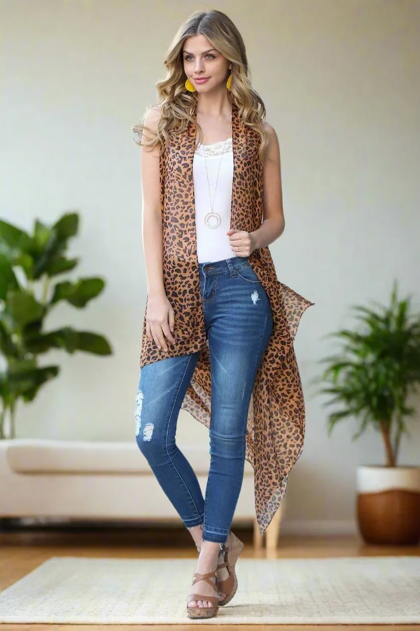 Womens Cheetah Duster, Animal Print Kimono, Sleeveless Vest, Summer Cardigan, Brown/Tan