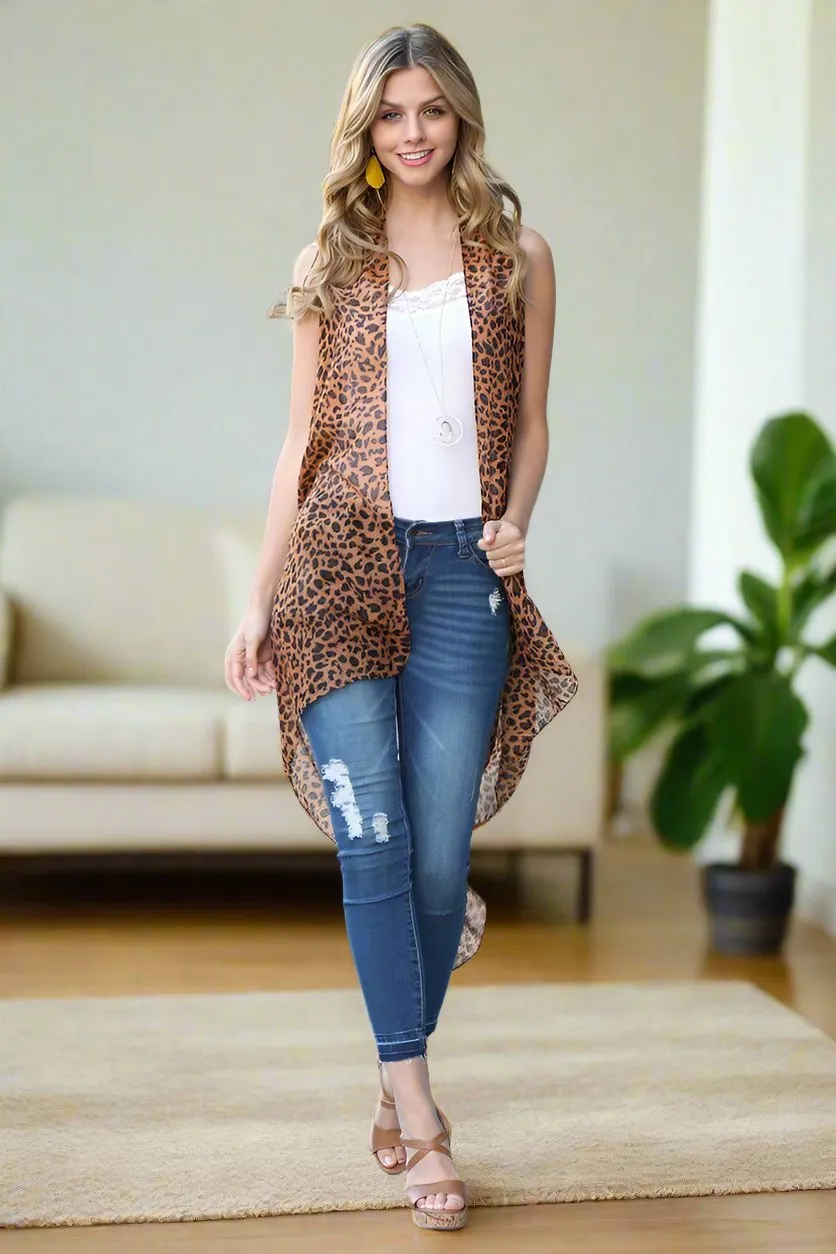 Womens Cheetah Duster, Animal Print Kimono, Sleeveless Vest, Summer Cardigan, Brown/Tan