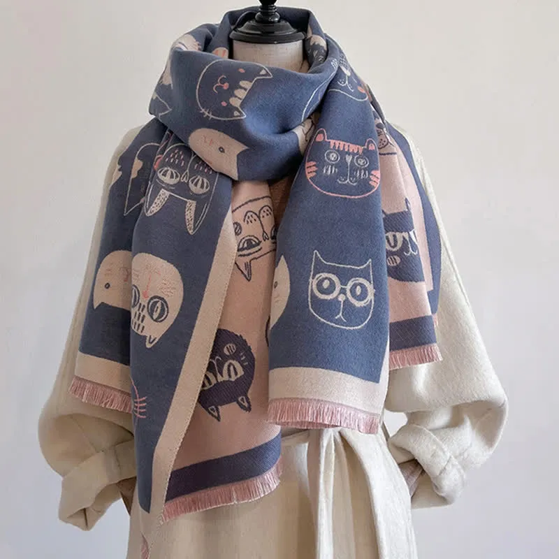 Women's Elegant Cute Cartoon Cat Thickened Scarf