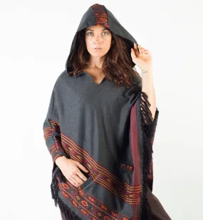 Womens Poncho Dark Grey Large Hood Yak Wool Tribal Embroidery Boho Patterns Gypsy Alternative Wild Festival Rave Mexican Primitive AJJAYA