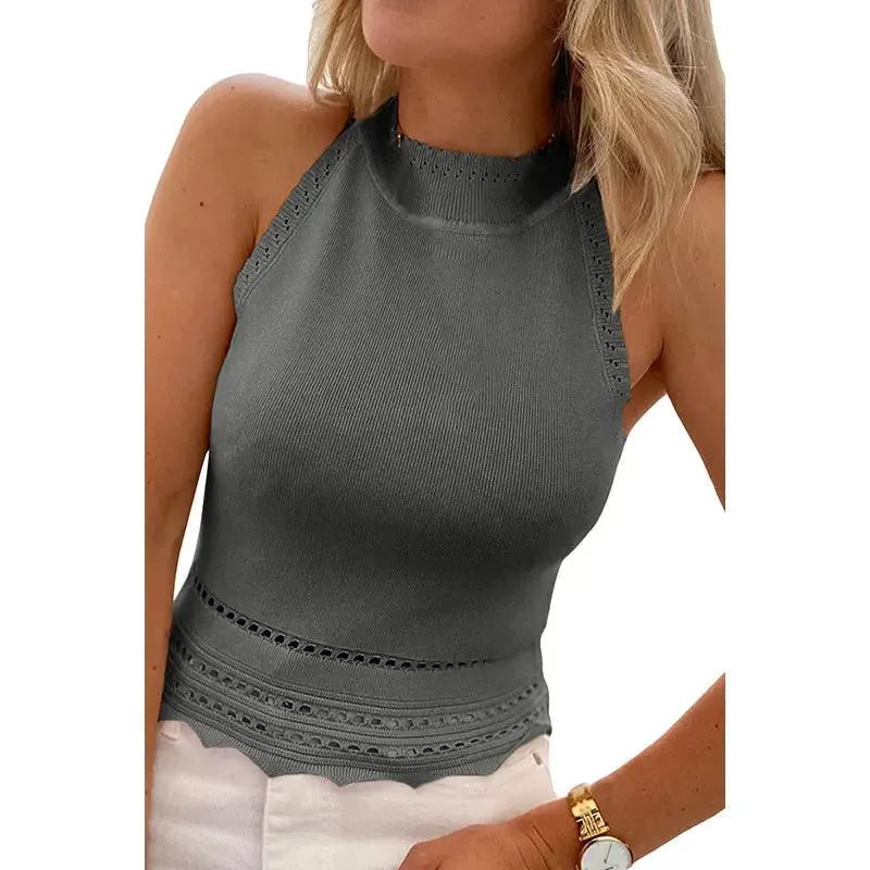 Women's Summer Casual Hollow-out Lace Plain Knitted Tight Vest Top