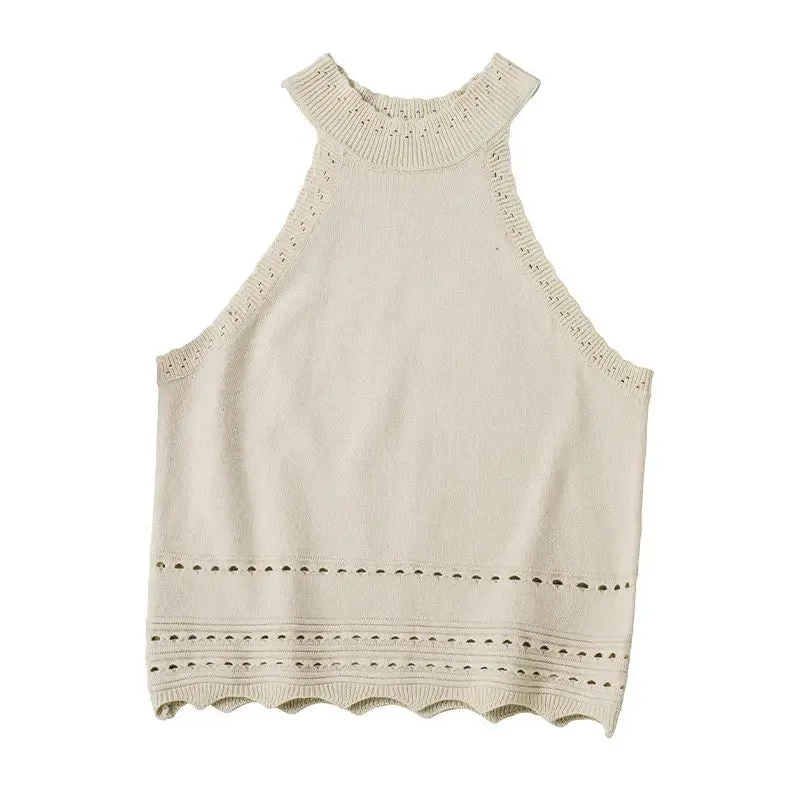 Women's Summer Casual Hollow-out Lace Plain Knitted Tight Vest Top