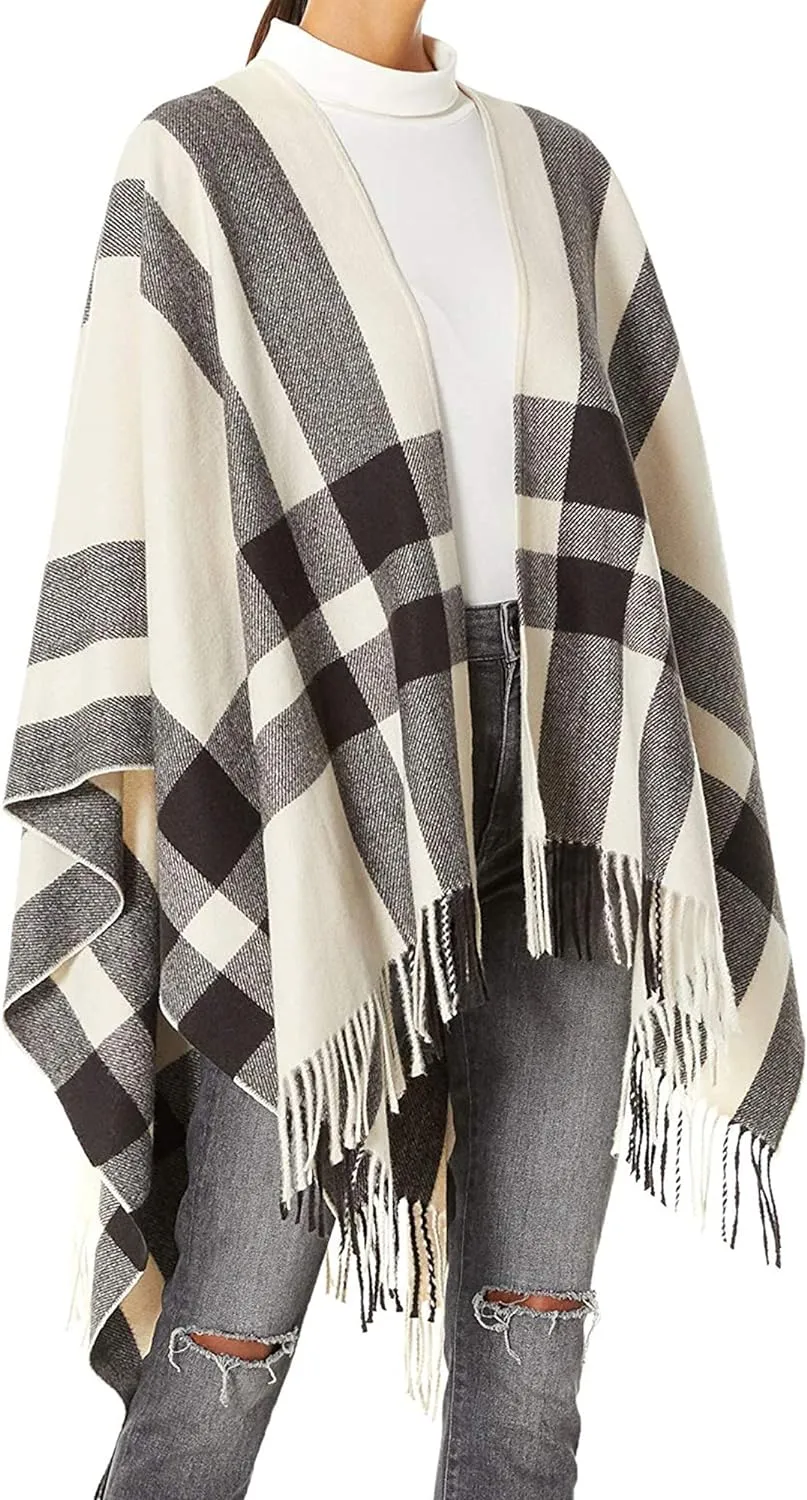 Women's Travel Plaid Shawl, Wrap Open Front Poncho Cape for Fall Winter