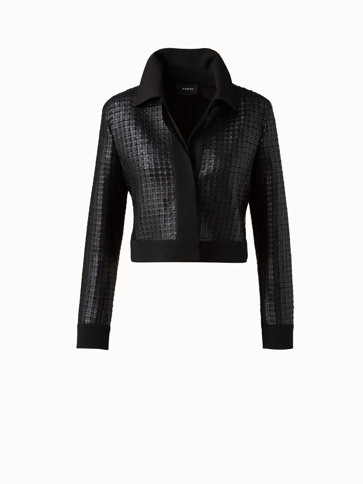 Wool Double-Face Short Jacket with with Faux Leather Superposé Grid Embellishment