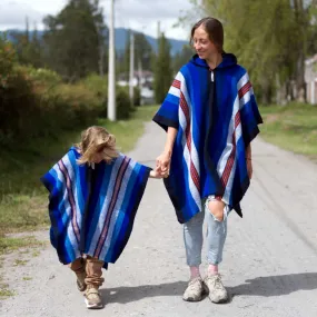 Wuachapa - Llama Wool Unisex South American Handwoven Hooded Poncho - adults/kids sizes - turquoise blue striped pattern