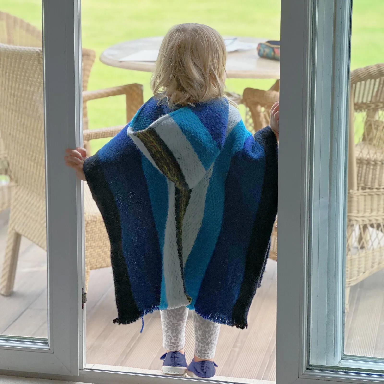 Wuachapa - Llama Wool Unisex South American Handwoven Hooded Poncho - adults/kids sizes - turquoise blue striped pattern