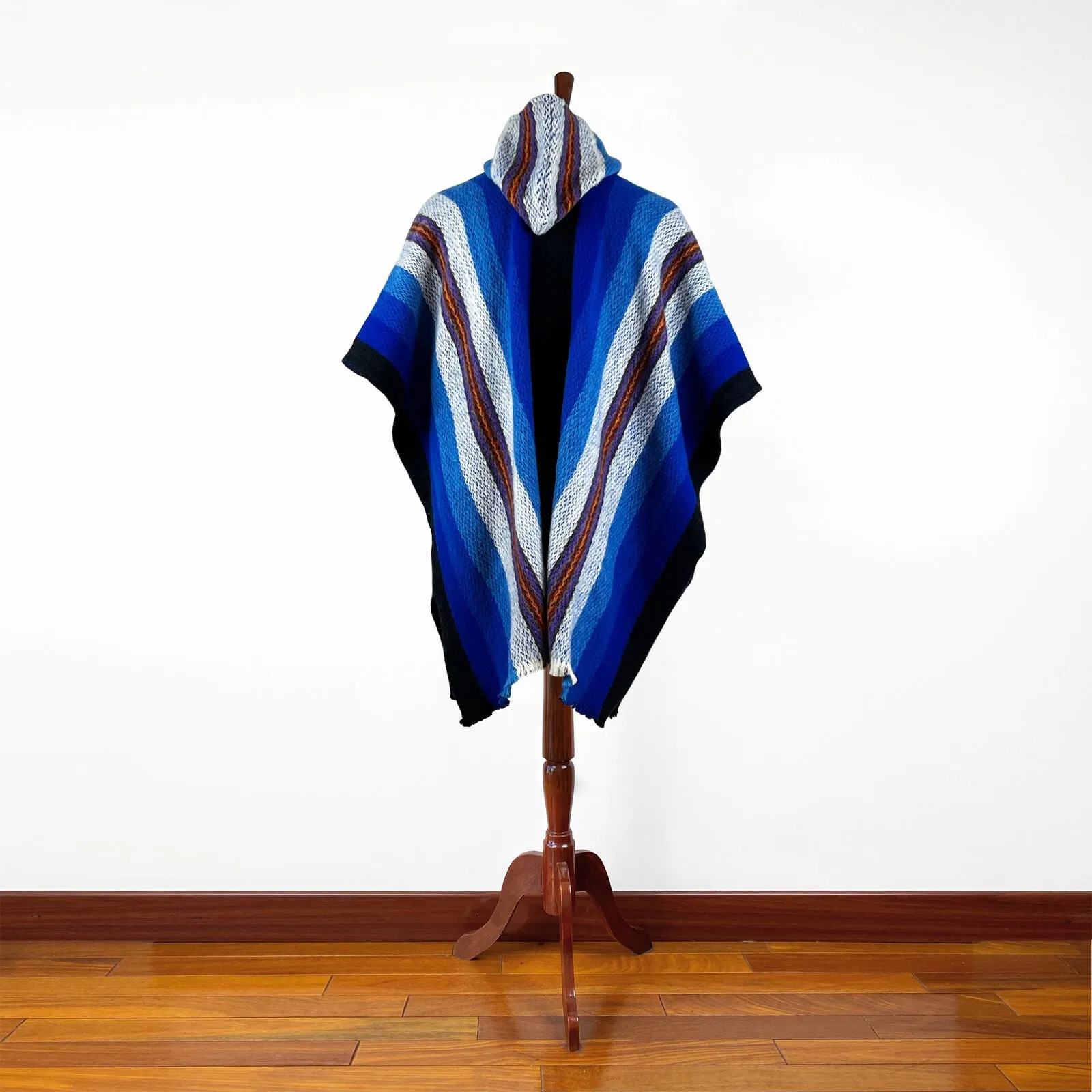 Wuachapa - Llama Wool Unisex South American Handwoven Hooded Poncho - adults/kids sizes - turquoise blue striped pattern