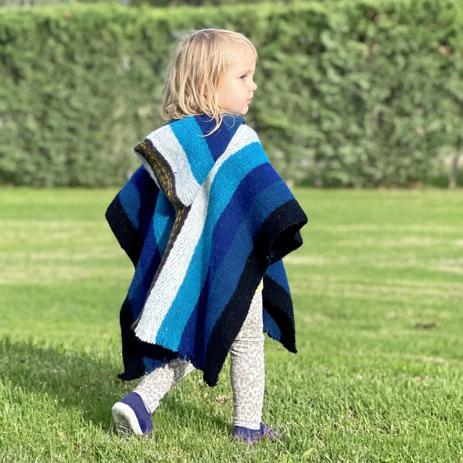 Wuachapa - Llama Wool Unisex South American Handwoven Hooded Poncho - adults/kids sizes - turquoise blue striped pattern