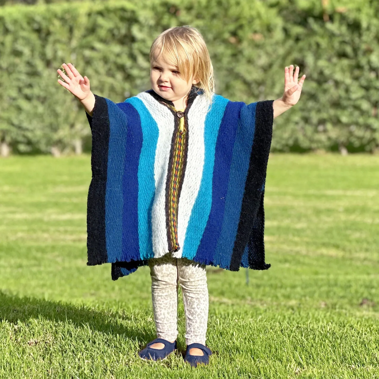 Wuachapa - Llama Wool Unisex South American Handwoven Hooded Poncho - adults/kids sizes - turquoise blue striped pattern