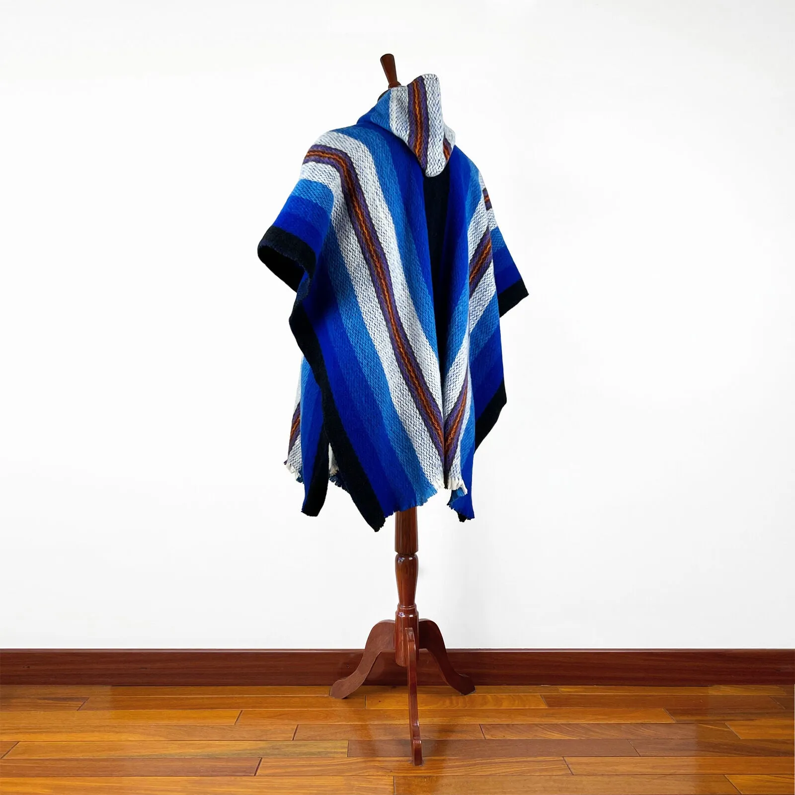 Wuachapa - Llama Wool Unisex South American Handwoven Hooded Poncho - adults/kids sizes - turquoise blue striped pattern