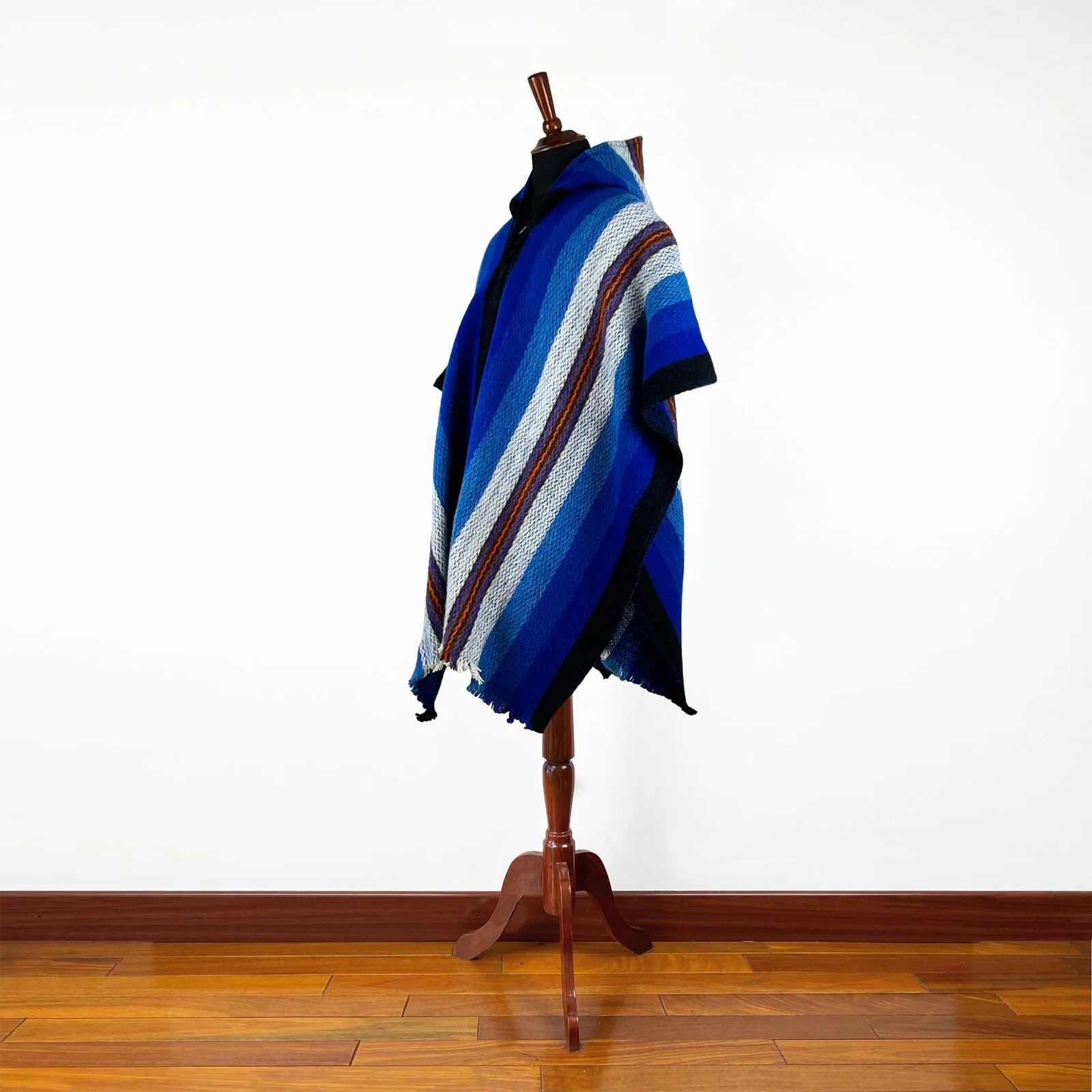 Wuachapa - Llama Wool Unisex South American Handwoven Hooded Poncho - adults/kids sizes - turquoise blue striped pattern