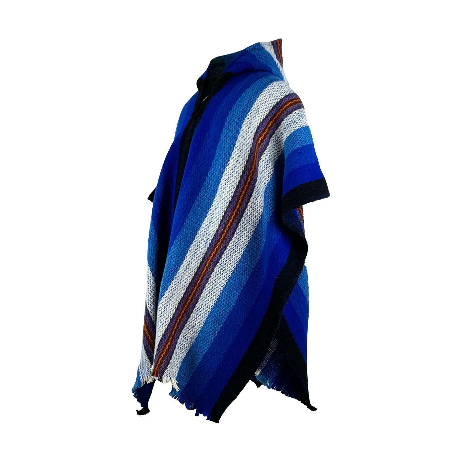 Wuachapa - Llama Wool Unisex South American Handwoven Hooded Poncho - adults/kids sizes - turquoise blue striped pattern