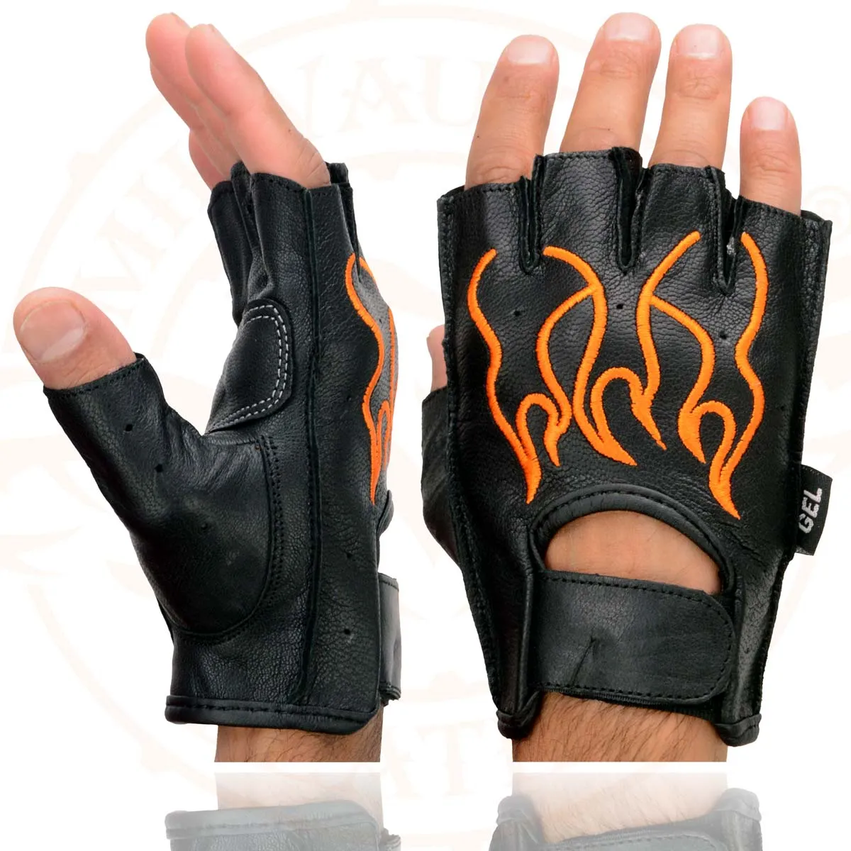 Xelement XG198 Men's Embroidered 'Flamed' Fingerless Black and Orange Motorcycle Leather Gloves