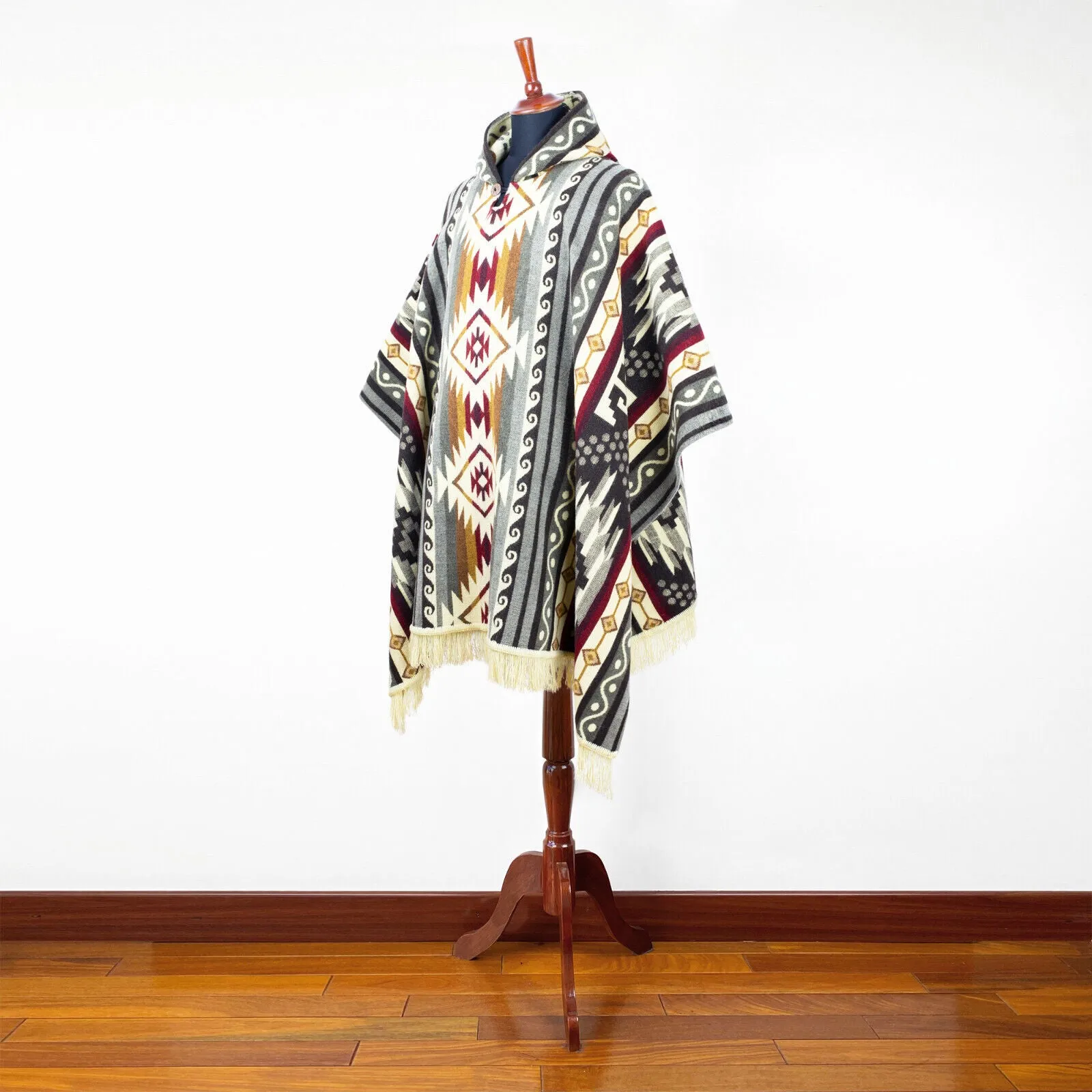 Yambaca - Baby Alpaca wool Unisex Hooded Poncho Pullover S-XXL - gray - Aztec pattern